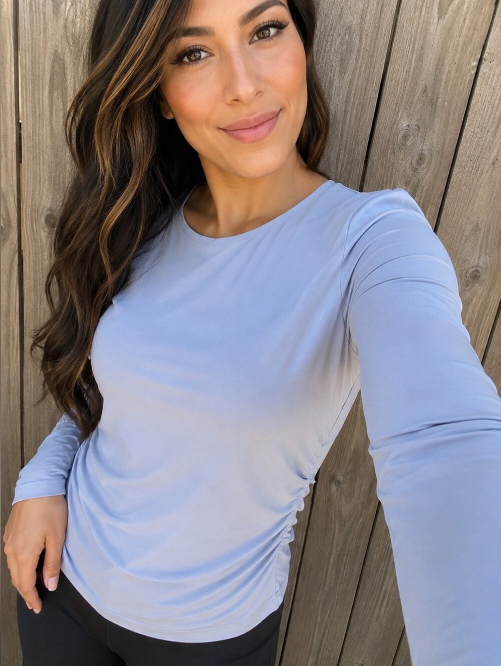 Pink Rose Sky Blue Ruched Long Sleeve Top - Size L